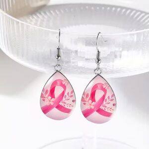 Pink Ribbon Breast Cancer Drop Charm Earrings Teardrop Dangle Glass Pendant New
